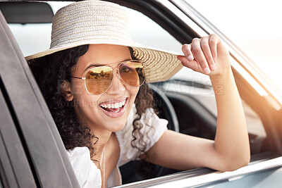 Buy stock photo Portrait, smile and woman by car window in sunglasses for travel, vacation or excited tourist on summer adventure. Face, hat and happy girl in transportation for road trip, journey or drive in Mexico