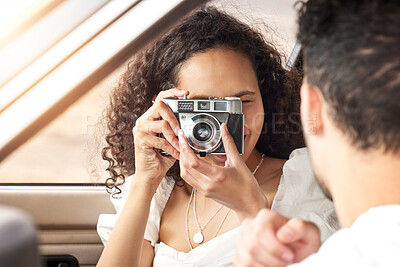 Buy stock photo Couple, camera and photography in car with travel for road trip, happy memory and holiday adventure. People, photographer and picture in vehicle with journey, summer vacation and fun weekend drive