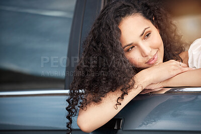 Buy stock photo Idea, smile and woman by car window for travel, vacation and relax on summer adventure in motor vehicle for commute. Thinking, happy girl and transportation for road trip, journey or drive in Mexico