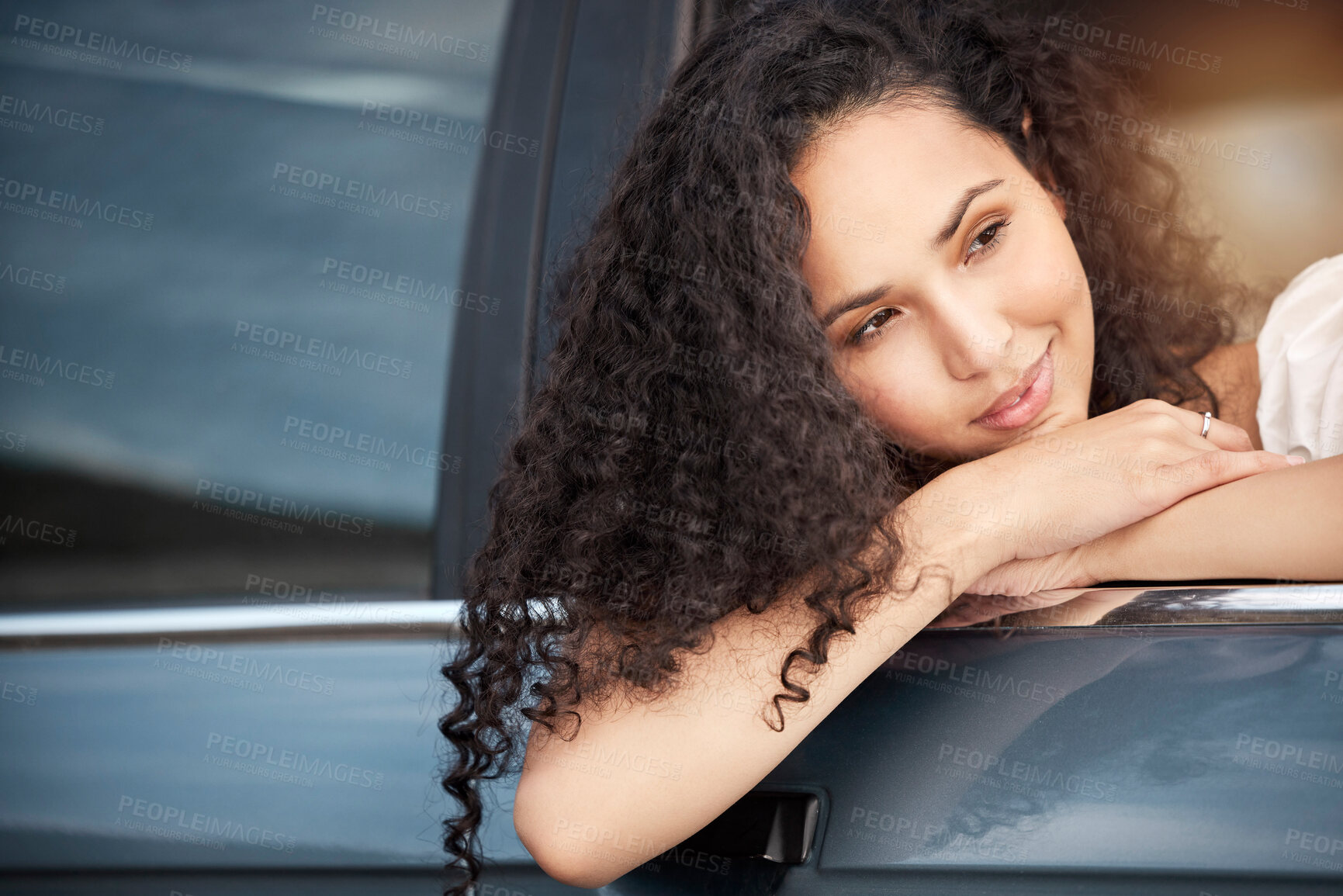 Buy stock photo Idea, smile and woman by car window for travel, vacation and relax on summer adventure in motor vehicle for commute. Thinking, happy girl and transportation for road trip, journey or drive in Mexico