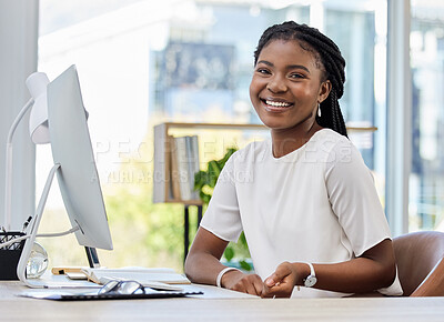 Buy stock photo Computer, portrait and black woman at desk, office and worker or employee in workplace. Technology, smile and seo or online keyword specialist, email and report or plan for research or work project