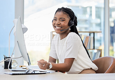 Buy stock photo Customer service, portrait or happy black woman in call center tech support consulting for advice. Girl, CRM or friendly virtual assistant in telemarketing or telecom company smiling in mic headset 
