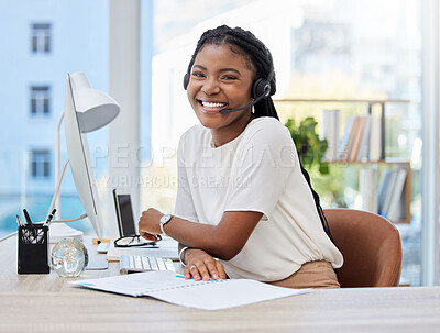 Buy stock photo Virtual assistant, portrait or happy black woman in call center tech support consulting for telecom advice. Girl, CRM or friendly customer services agent in telemarketing company smiling with headset