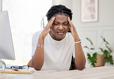 Buy stock photo Business woman, computer and frustrated hands on face for headache, stress and angry working on project. Black person, pc and burnout in office for wellness, overwork or mental health and fatigue