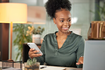 Buy stock photo Laptop, phone and smile with business black woman at desk in office for administration or research. Computer, communication and notebook with happy employee in professional workplace for networking