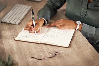 Buy stock photo Hands, notebook and pen with writing for agenda, planning and work for corporate career. Office desk, journal and business person by technology for website, contact and internet in workspace