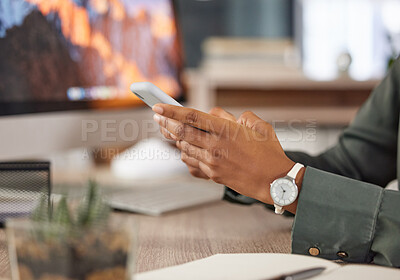 Buy stock photo Hands, office and smartphone with social media for business trends update, app and email response to person for support. Entrepreneur, texting or reading career, web browsing or communication 