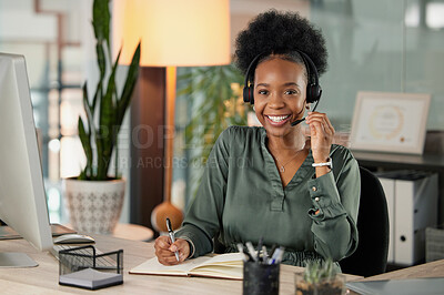 Buy stock photo Cropped portrait of an attractive young businesswoman using a headset to make calls while sitting in her office