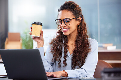 Buy stock photo Business woman, laptop and coffee with smile in office for planning, networking and internet. Marketing manager, technology and happy in the morning for research, development and brand management