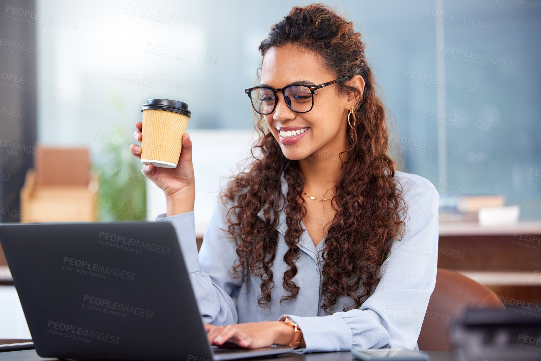 Buy stock photo Business woman, laptop and coffee with smile in office for planning, networking and internet. Marketing manager, technology and happy in the morning for research, development and brand management