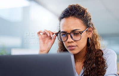 Buy stock photo Business woman, laptop and confused in office for planning, networking and idea with glasses. Operations manager, tech and doubt in the morning for research, development and management with question