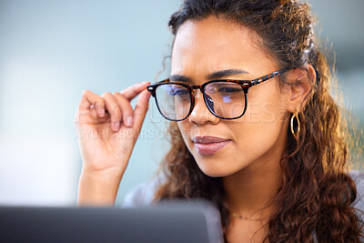 Buy stock photo Woman, closeup and thinking with laptop in house or planning, email and schedule. Entrepreneur, startup and idea in home with technology for business project, proposal and company decision or reading