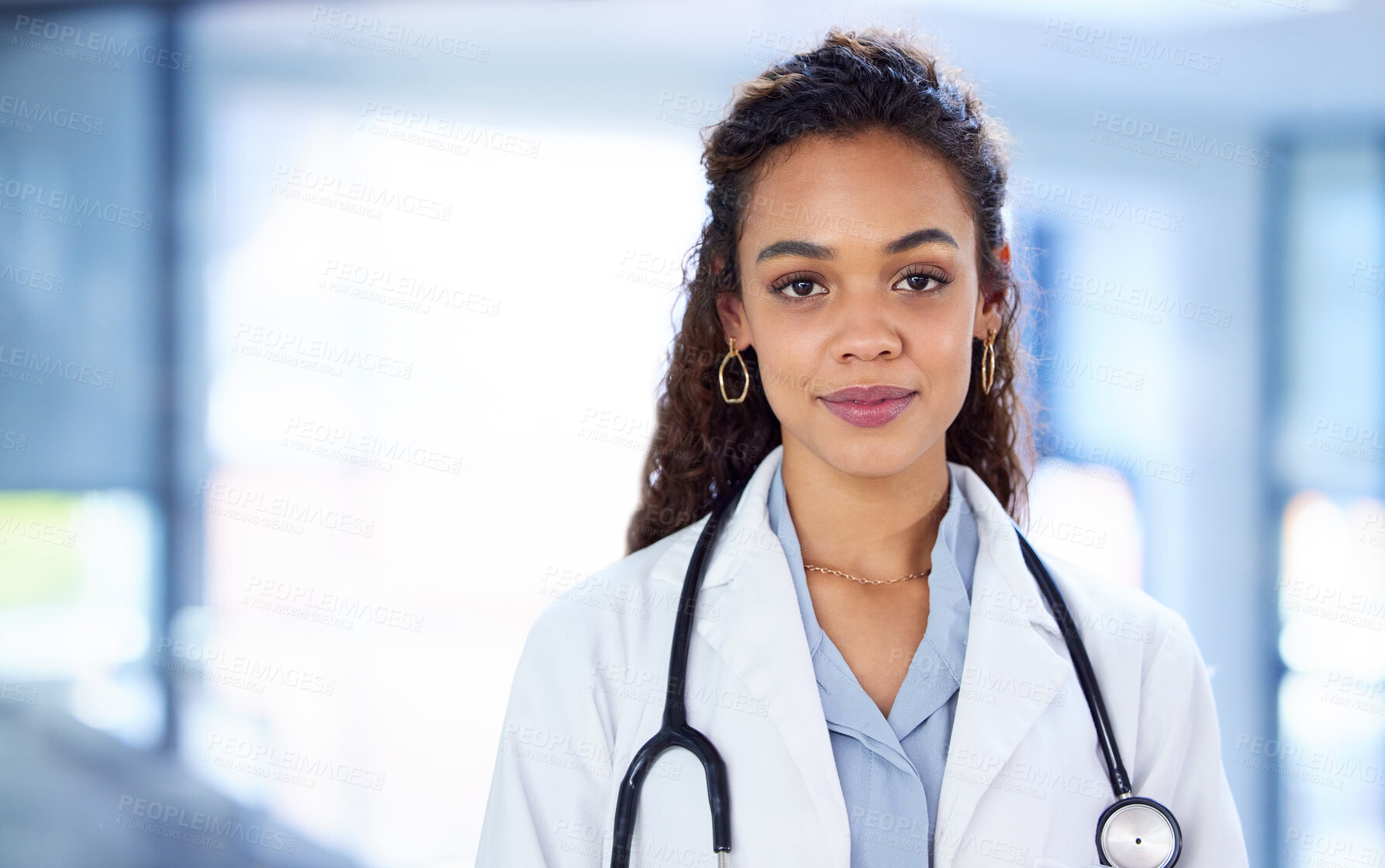 Buy stock photo Woman, doctor and medical at hospital in portrait for healthcare or wellness with advice or diagnosis as medic. Service, employee and expert at clinic with stethoscope for help or care with treatment