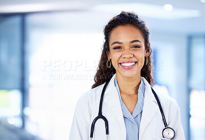 Buy stock photo Smile, woman and doctor at hospital in portrait for medical advice for healthcare or wellness for diagnosis. Happy, employee and expert at clinic with stethoscope for health or care with treatment