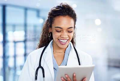 Buy stock photo Healthcare, doctor or good news for woman with tablet for research, medical info or results as specialist. Female person, tech or surgeon for diagnosis, treatment or work with Telehealth in hospital