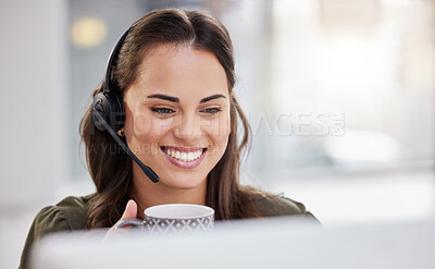 Buy stock photo Happy, woman and office coffee break in call center with agent at computer reading email or online chat. Calm, consultant or relax in telecom customer care with easy virtual schedule or feedback
