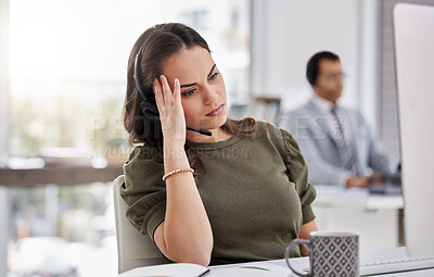 Buy stock photo Professional, stressed or businesswoman with microphone in office for job, service agent or tired. Career, female worker or consultant with fatigue, pain or migraine for work pressure in call center