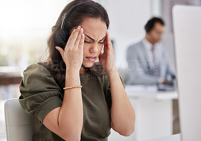 Buy stock photo Professional, headache or businesswoman with headset in office for job, service agent or pain. Career, female employee or consultant with fatigue, stress or migraine for work pressure in call centre
