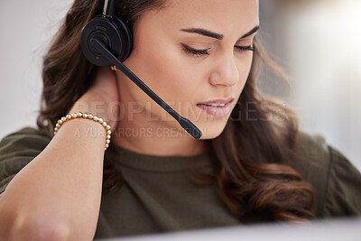 Buy stock photo Professional, neck pain or businesswoman with headset in office for job, service agent or tired. Career, female worker or consultant with fatigue, stress or migraine with work pressure in call center