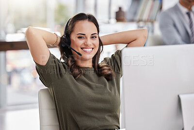 Buy stock photo Woman, portrait and relax in call center office with agent finished with kpi, achievement or sales target at computer. Happy, consultant and pride in telecom customer care or done with virtual chat