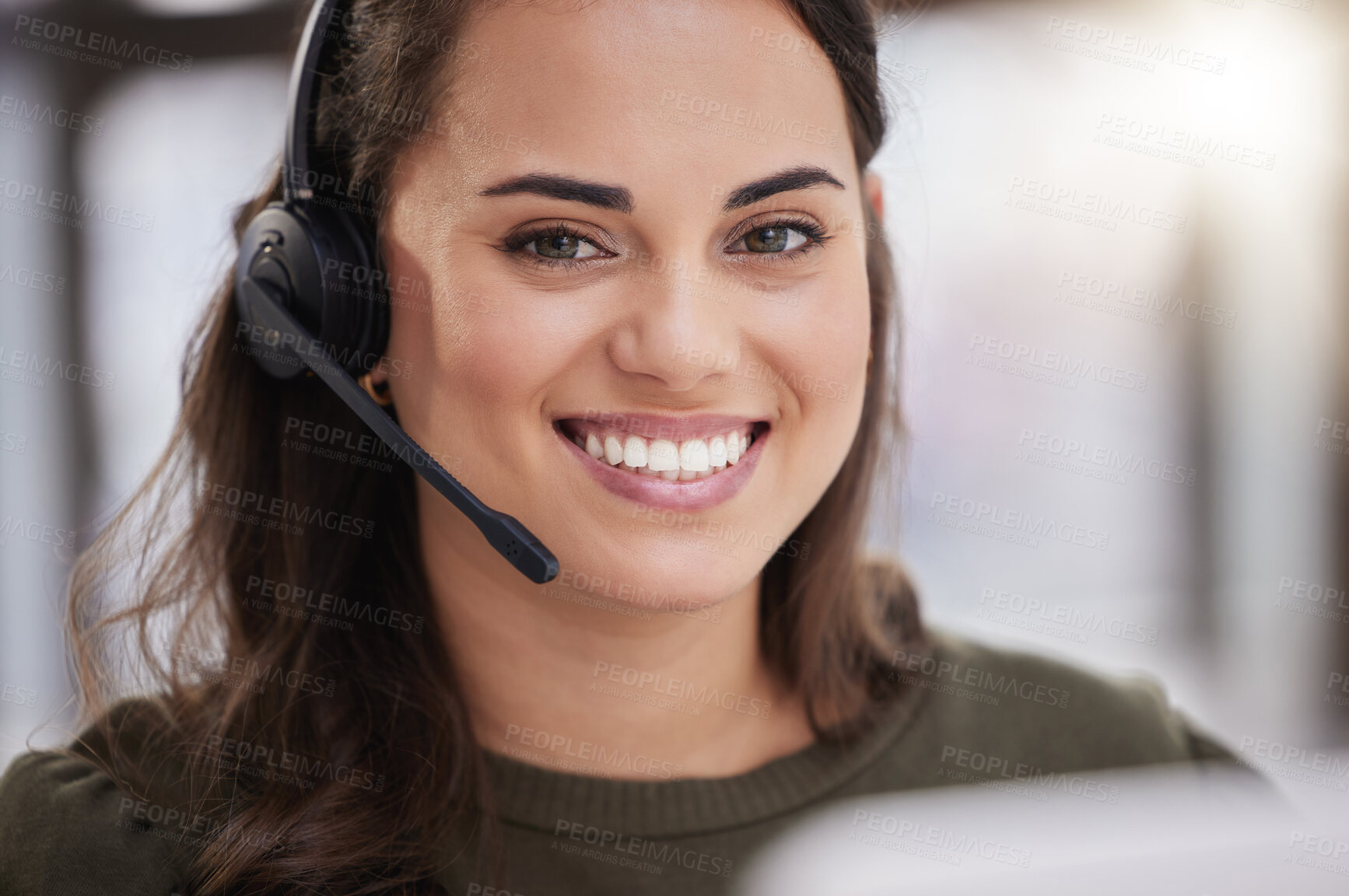 Buy stock photo Agent, portrait and online technical support in call center with woman at computer to help or chat. Happy, consultant and contact us for telecom customer care, advice or virtual feedback with tech