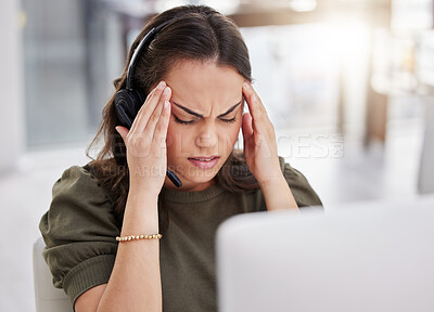 Buy stock photo Professional, headache or woman with headset in office for job, service agent or telemarketing. Career, female person or consultant with fatigue, stress or migraine for work pressure in call centre