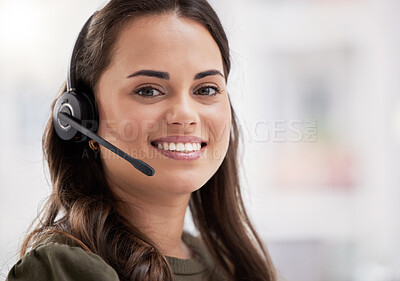 Buy stock photo Consultant, portrait and online technical support in call center with woman in office to help or chat. Happy, agent and contact us for telecom customer care, advice or virtual feedback with tech