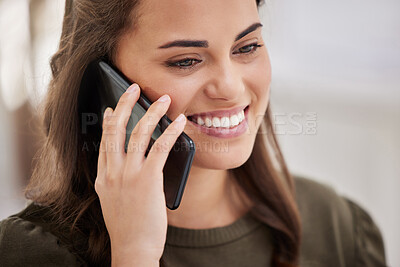 Buy stock photo Businesswoman, smile and phone call in office for talking, discussion and speaking with contact. Workplace, career or service agent with mobile for networking, communication or conversation with tech