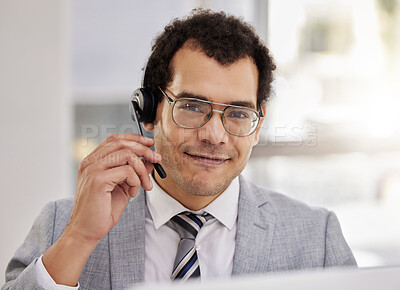 Buy stock photo Agent, portrait and online technical support in call center with man at computer to help or chat. Happy, consultant and contact us for telecom customer care, advice or virtual feedback with tech