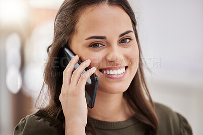 Buy stock photo Businesswoman, portrait and mobile call in office for talking, discussion and speaking with contact. Workplace, career or service agent with phone for networking, connection or conversation with tech