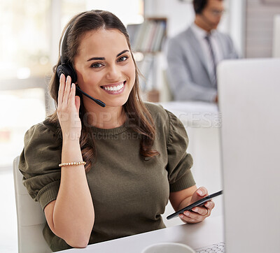 Buy stock photo Woman, typing and portrait with phone in call center for technical support and agent relax at desk. Happy, consultant and contact us for telecom customer care, advice or virtual feedback with tech