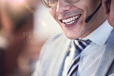 Buy stock photo Face, man and smile as employee at call center with customer or client support and service. Female person, crm and advisor or consultant with happiness or satisfied for job and career growth as agent