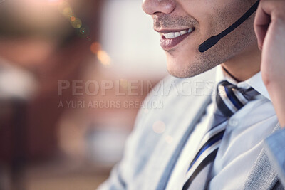 Buy stock photo Face, man and happy as employee at call center with customer or client support and service. Male person, crm and advisor or consultant with smile or satisfied with job and career growth as agent