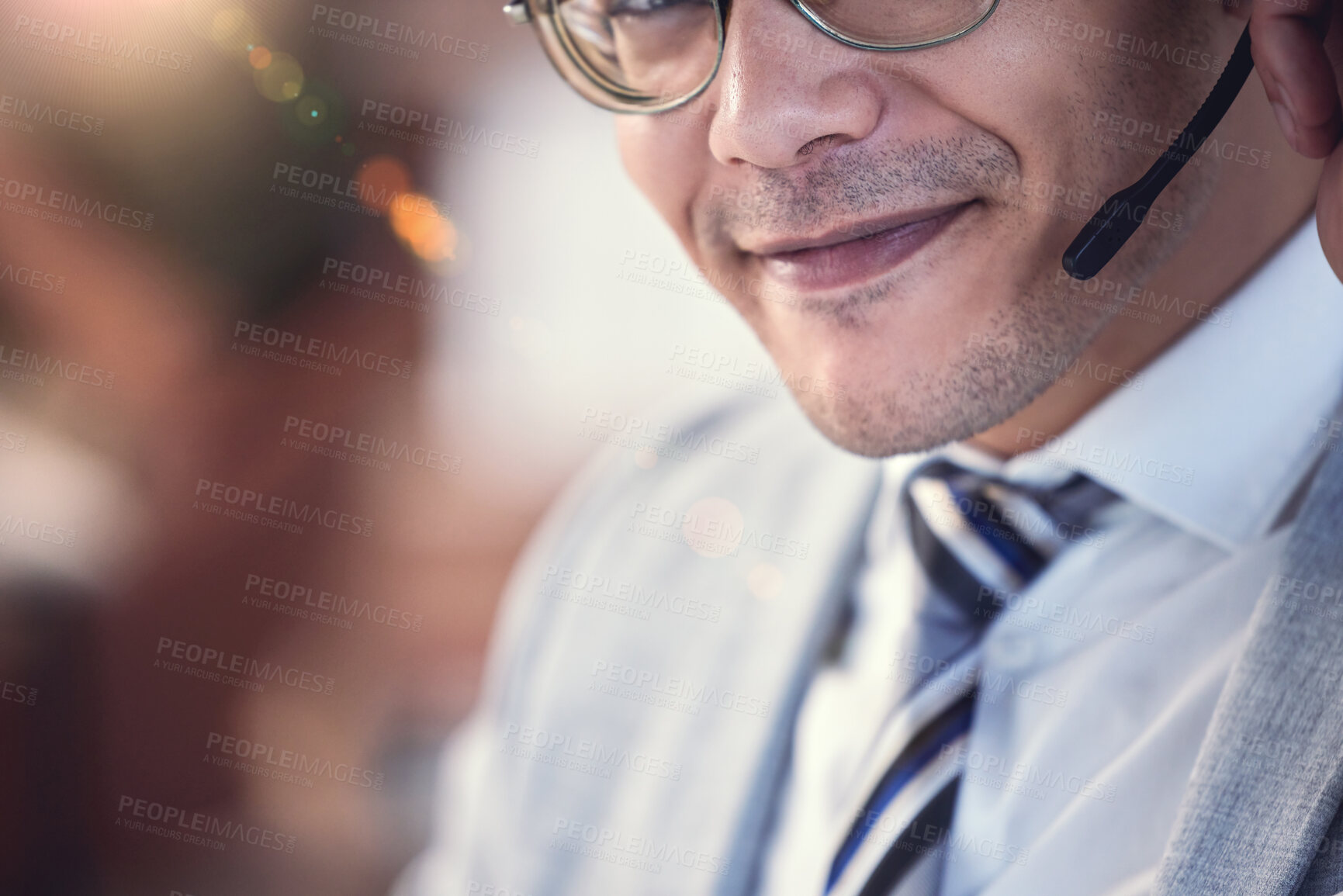 Buy stock photo Face, man and happy as employee at call center with customer or client support and service. Portrait, crm and mouth with microphone as consultant with smile  with job and career growth as agent