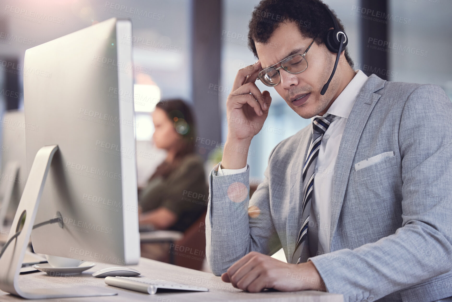 Buy stock photo Man, stress and headache with call center, crm and anxiety for 404 mistake or glitch. Customer service agent, headset and contact us support with burnout, problem and startup telecom employee