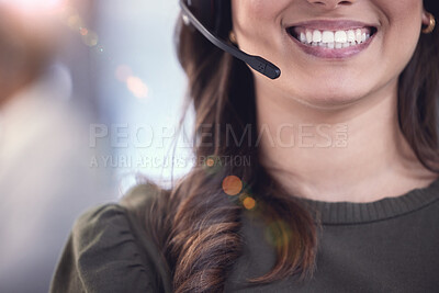 Buy stock photo Face, woman and smile as employee at call center with microphone or client support and service. Female person, crm and advisor or consultant with mouth or satisfied on job, career growth as agent