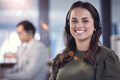 Buy stock photo Portrait, woman and headset with microphone in callcenter or customer care with smile and positivity. Female person, consultant and agent for telecommunication, company and workplace with lens flare

