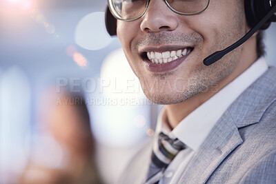 Buy stock photo Face, man and satisfied as employee at call center with customer or client support and service. Contact, crm and mouth with microphone as consultant, smile or happy with job and career growth