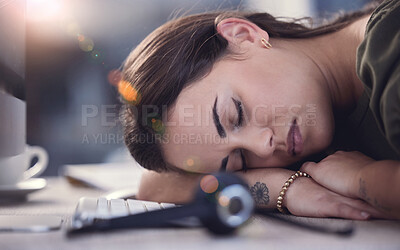 Buy stock photo Woman, sleep and burnout with call center, crm and anxiety for 404 mistake or glitch. Customer service agent, headset and contact us support with headache, problem and startup telecom employee