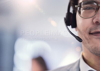 Buy stock photo Portrait, man and headset with microphone in callcenter or customer care with smile and positivity. Male person, consultant and agent for telecommunication, company and workplace in lens flare
