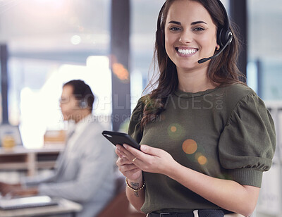 Buy stock photo Portrait, woman and phone with microphone, headset and callcenter or customer care with smile and positivity. Female person, consultant and tech for telecom, company and workplace with lens flare