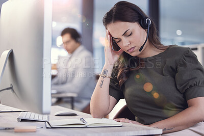 Buy stock photo Woman, headache and burnout with call center, crm and anxiety for 404 mistake or glitch. Customer service agent, headset and contact us support with stress, problem and startup telecom employee