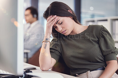 Buy stock photo Woman, anxiety and burnout with call center, crm and stress for 404 mistake or glitch. Customer service agent, headset and contact us support with headache, problem and startup telecom employee