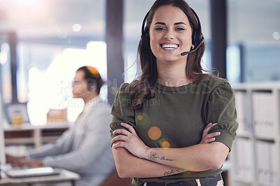 Buy stock photo Portrait, woman and happy as employee at call center with customer or client support and service. Female person, crm and advisor or consultant with smile or confident with job, career growth as agent