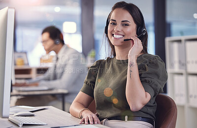 Buy stock photo Portrait, woman and smile as consultant at call center with customer or client support and computer. Office, crm and advisor or employee with satisfied or happy with job and career growth as agent