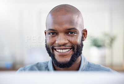 Buy stock photo Corporate, portrait and black man in office with smile for happiness, confidence or positive in career. Company, professional and male person for startup, entrepreneur or business opportunity