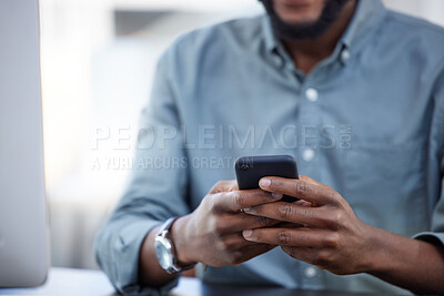 Buy stock photo Businessman, phone and typing at desk in closeup for email,  communication with technology for company. Male person, hands and message with mobile or check for schedule, reminder for meeting on app