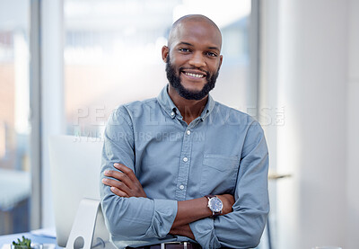 Buy stock photo Professional, man and portrait with arm at office is confident and happy with career as an entrepreneur. Businessman, face and smile at a company for leadership and success at a startup with expert.