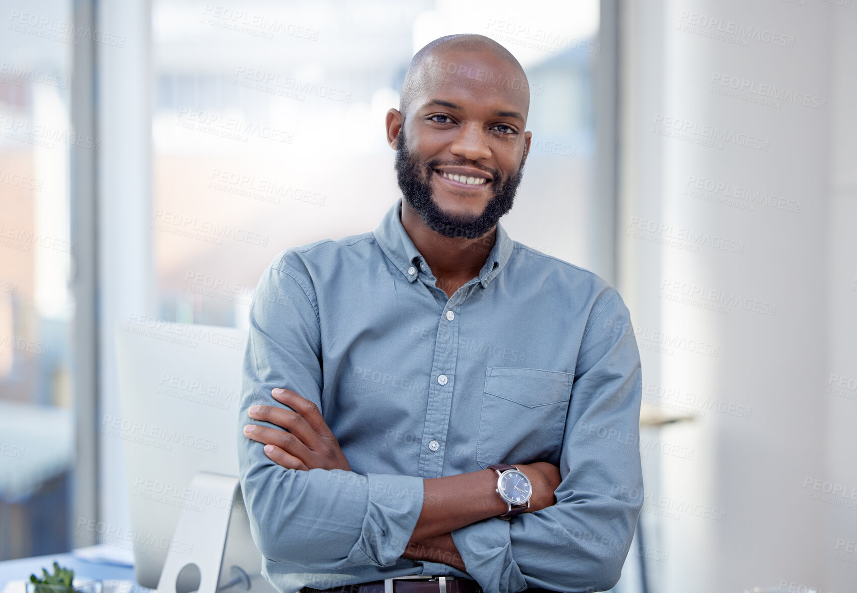 Buy stock photo Professional, man and portrait with arm at office is confident and happy with career as an entrepreneur. Businessman, face and smile at a company for leadership and success at a startup with expert.