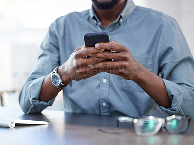 Buy stock photo Businessman, smartphone and typing at desk in closeup for email, communication with tech for company. Male person, hands and message with phone or check for schedule, reminder for meeting on app